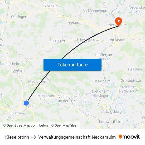 Kieselbronn to Verwaltungsgemeinschaft Neckarsulm map