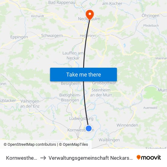 Kornwestheim to Verwaltungsgemeinschaft Neckarsulm map