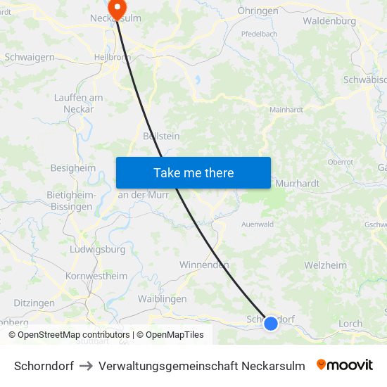 Schorndorf to Verwaltungsgemeinschaft Neckarsulm map