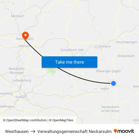 Westhausen to Verwaltungsgemeinschaft Neckarsulm map