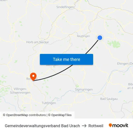 Gemeindeverwaltungsverband Bad Urach to Rottweil map