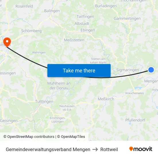 Gemeindeverwaltungsverband Mengen to Rottweil map