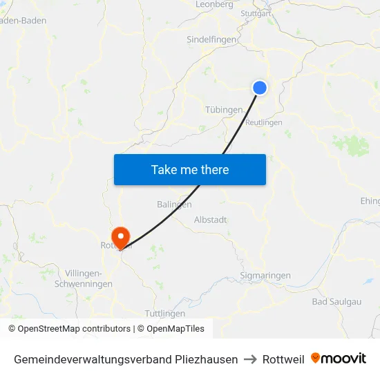 Gemeindeverwaltungsverband Pliezhausen to Rottweil map