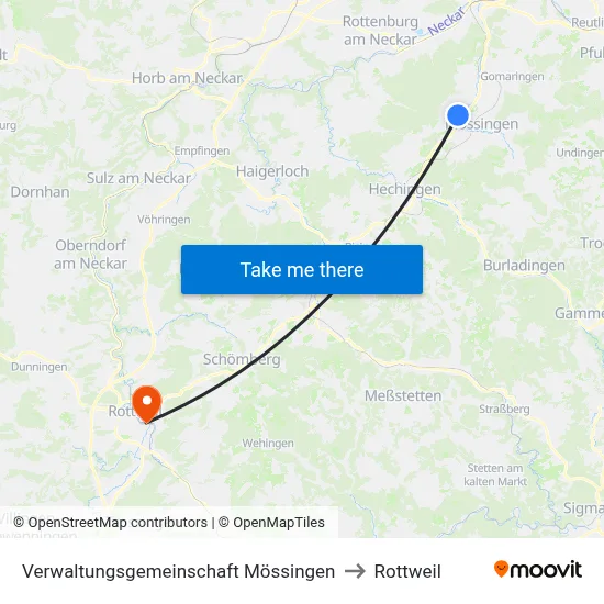 Verwaltungsgemeinschaft Mössingen to Rottweil map