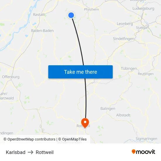 Karlsbad to Rottweil map