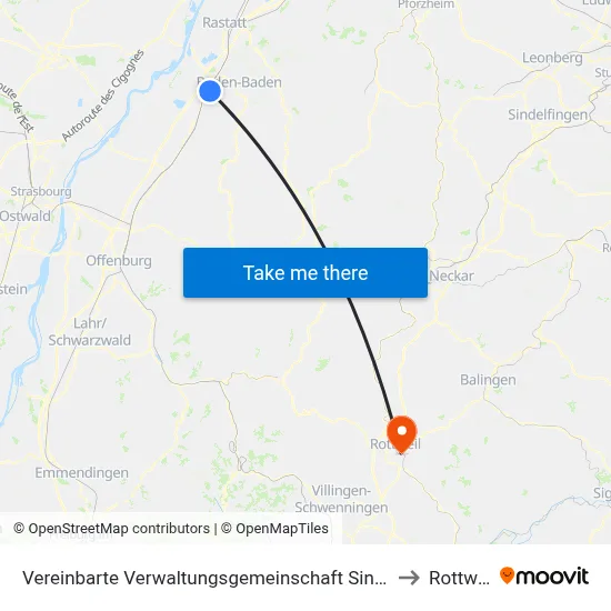 Vereinbarte Verwaltungsgemeinschaft Sinzheim to Rottweil map