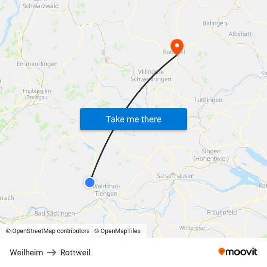 Weilheim to Rottweil map