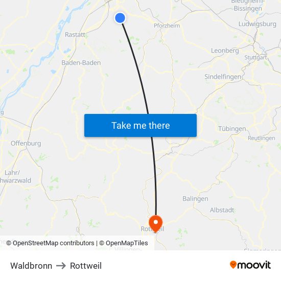 Waldbronn to Rottweil map