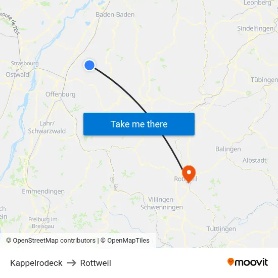 Kappelrodeck to Rottweil map