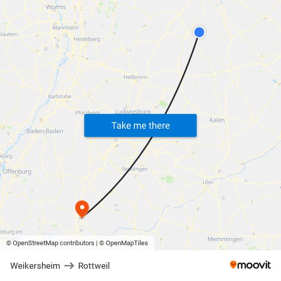 Weikersheim to Rottweil map