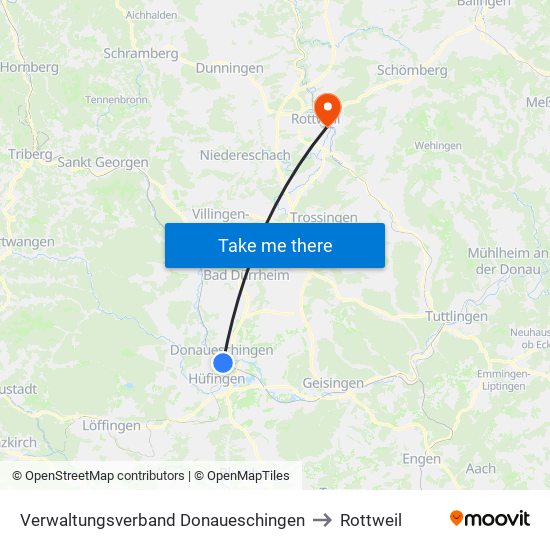 Verwaltungsverband Donaueschingen to Rottweil map