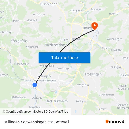 Villingen-Schwenningen to Rottweil map