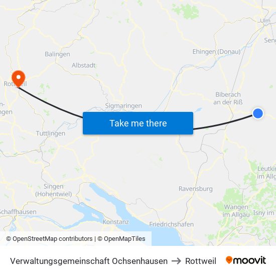 Verwaltungsgemeinschaft Ochsenhausen to Rottweil map