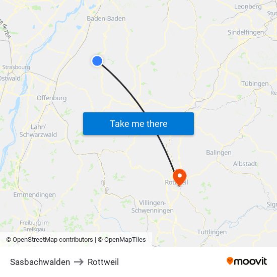 Sasbachwalden to Rottweil map