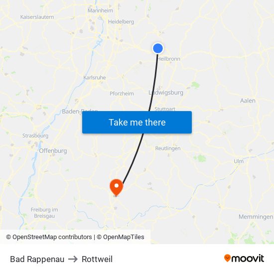 Bad Rappenau to Rottweil map