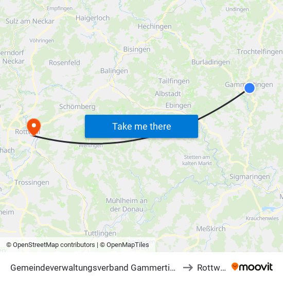 Gemeindeverwaltungsverband Gammertingen to Rottweil map