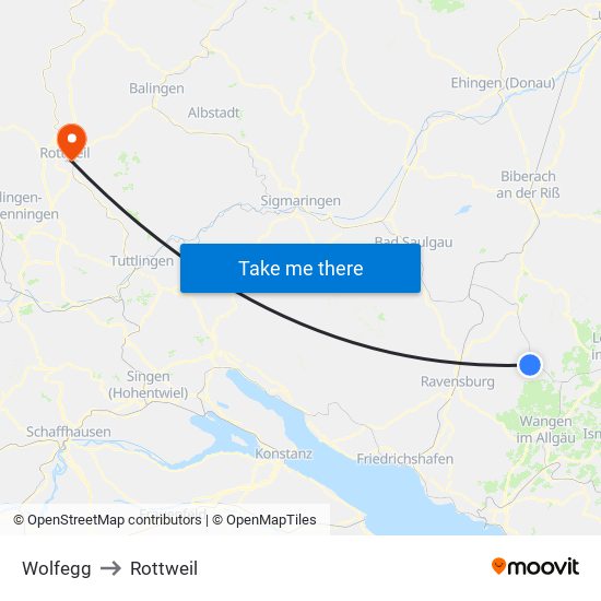 Wolfegg to Rottweil map