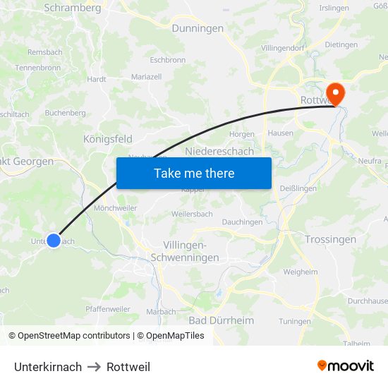 Unterkirnach to Rottweil map