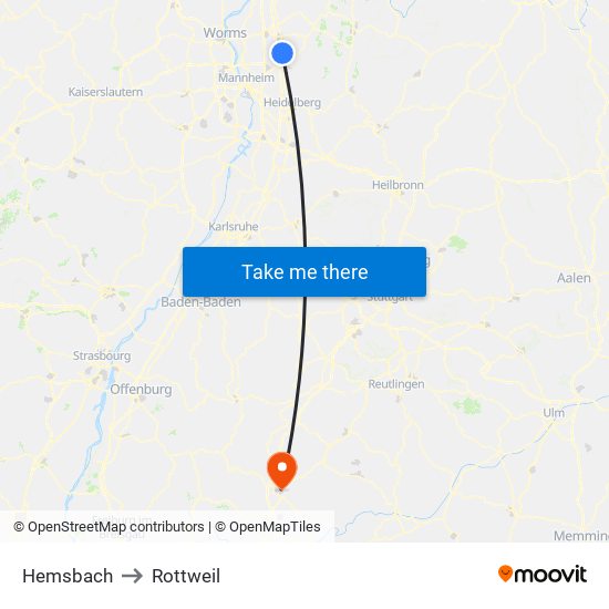 Hemsbach to Rottweil map