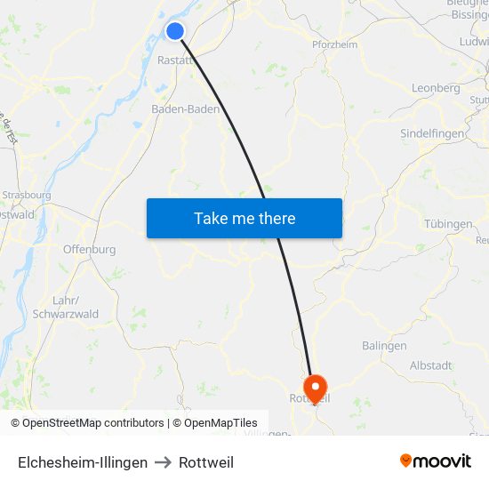 Elchesheim-Illingen to Rottweil map