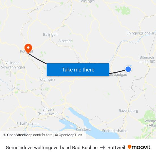 Gemeindeverwaltungsverband Bad Buchau to Rottweil map