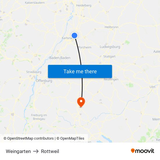 Weingarten to Rottweil map
