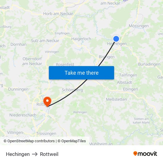 Hechingen to Rottweil map