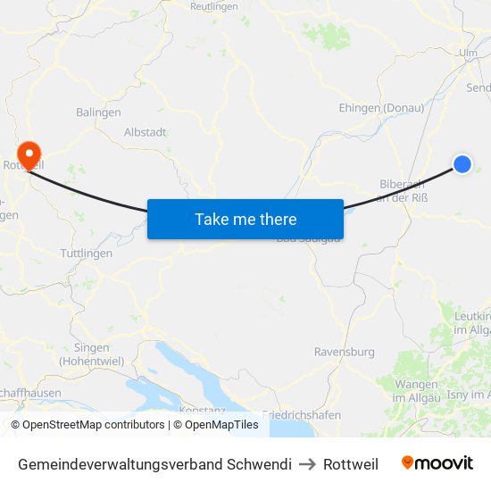 Gemeindeverwaltungsverband Schwendi to Rottweil map