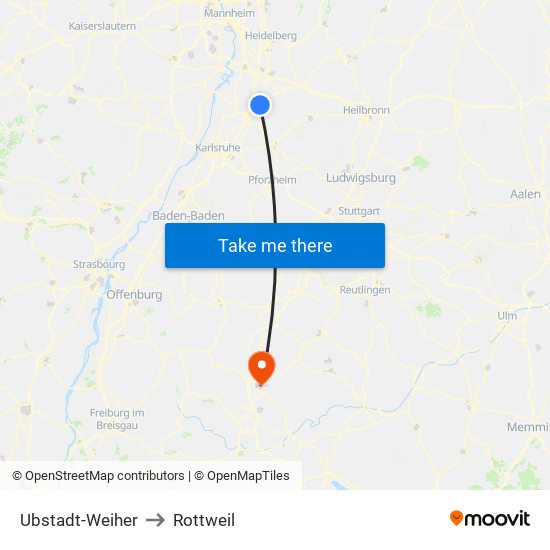 Ubstadt-Weiher to Rottweil map