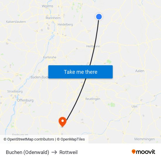 Buchen (Odenwald) to Rottweil map