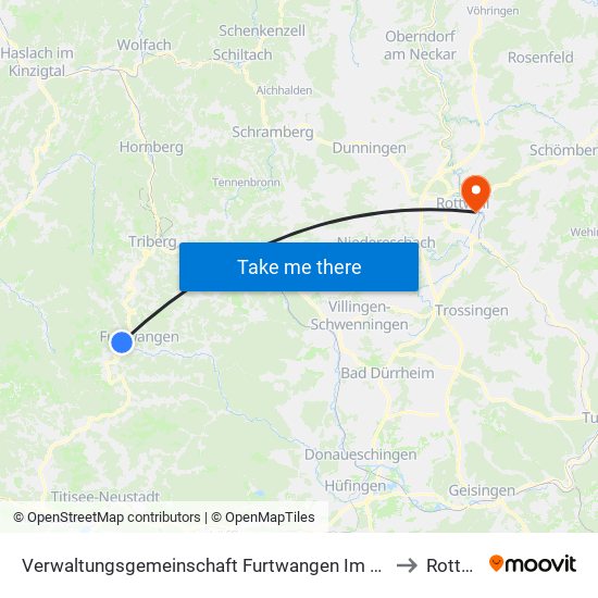 Verwaltungsgemeinschaft Furtwangen Im Schwarzwald to Rottweil map