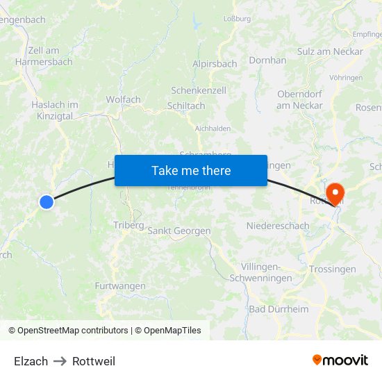 Elzach to Rottweil map