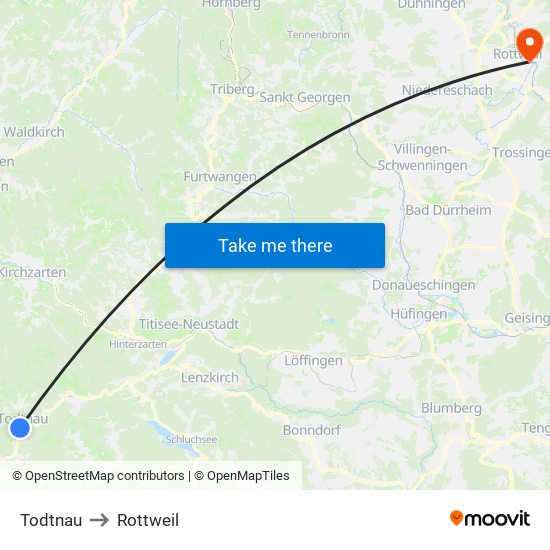 Todtnau to Rottweil map