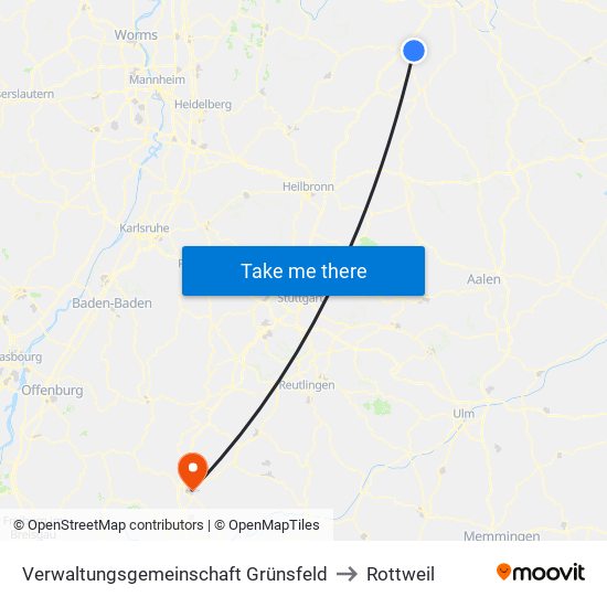 Verwaltungsgemeinschaft Grünsfeld to Rottweil map