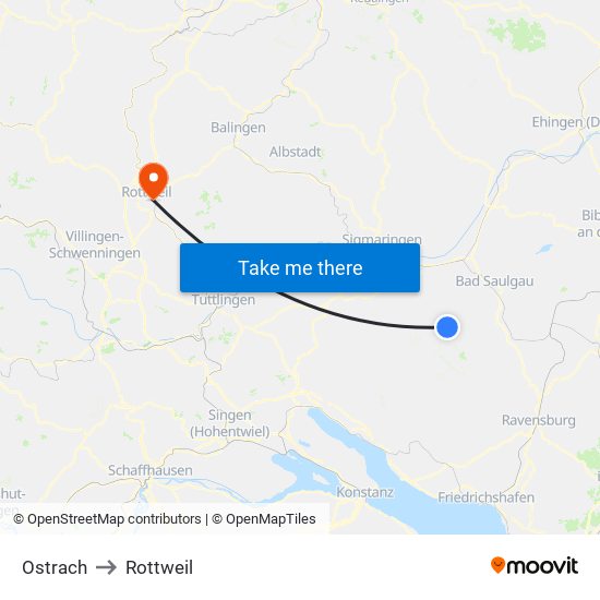 Ostrach to Rottweil map