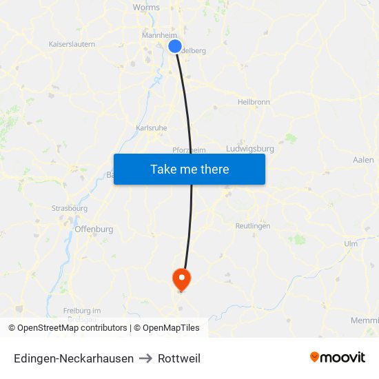 Edingen-Neckarhausen to Rottweil map
