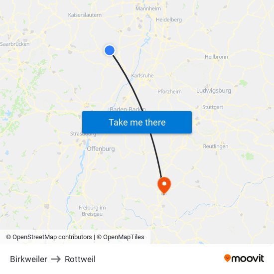 Birkweiler to Rottweil map