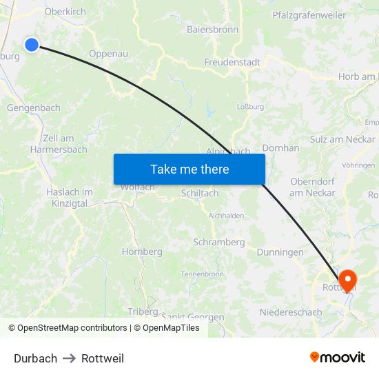 Durbach to Rottweil map