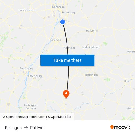 Reilingen to Rottweil map