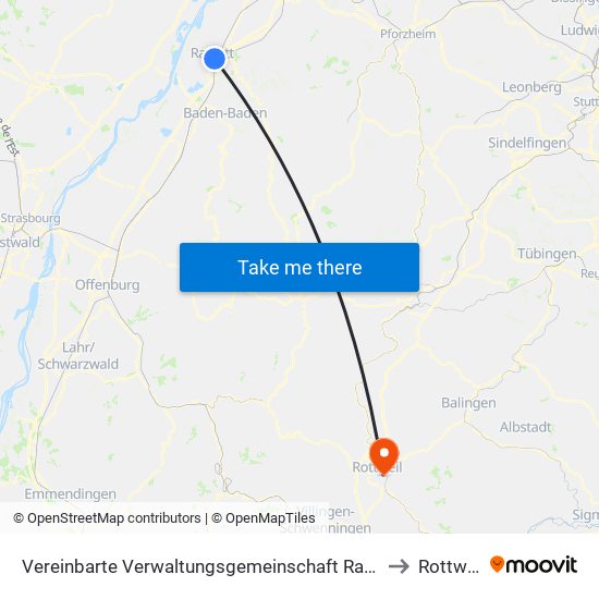 Vereinbarte Verwaltungsgemeinschaft Rastatt to Rottweil map