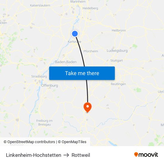 Linkenheim-Hochstetten to Rottweil map