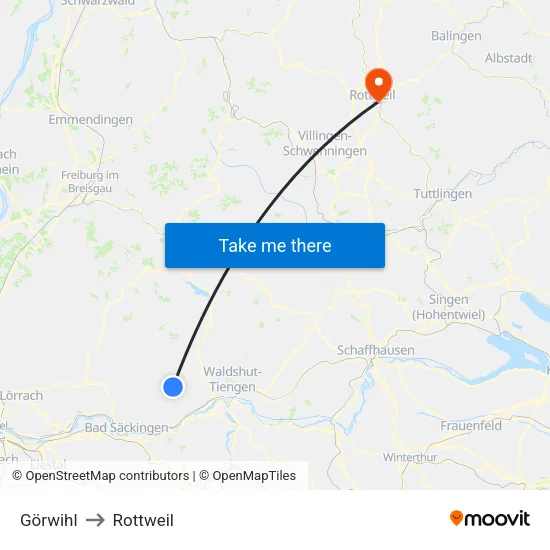 Görwihl to Rottweil map