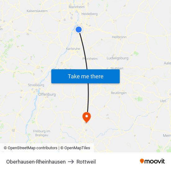 Oberhausen-Rheinhausen to Rottweil map