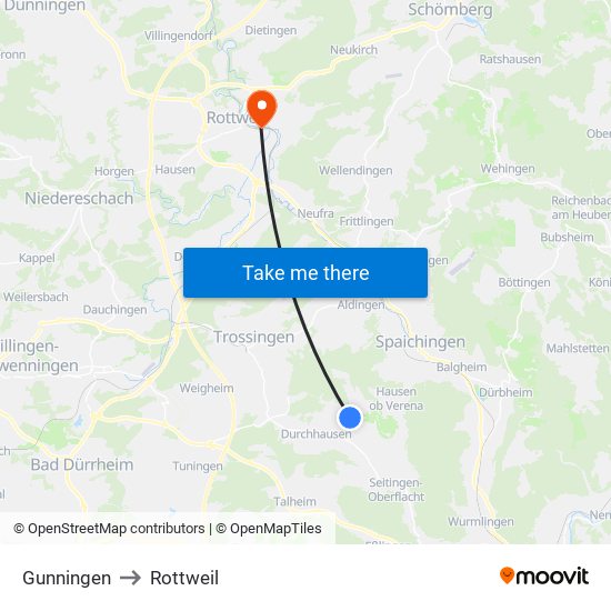 Gunningen to Rottweil map