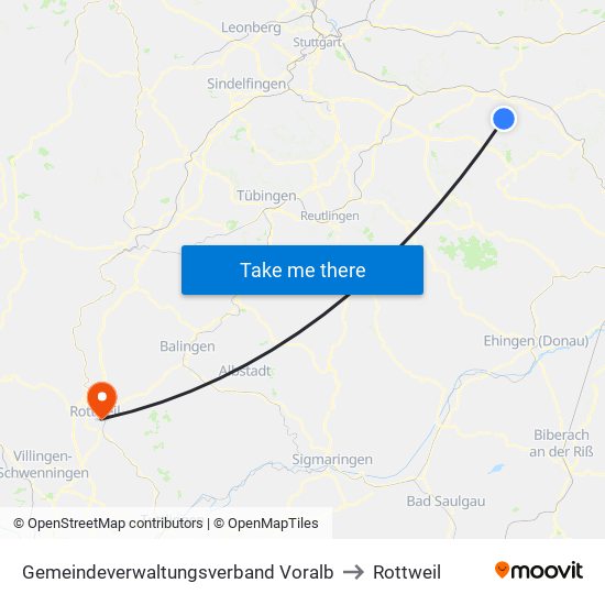 Gemeindeverwaltungsverband Voralb to Rottweil map