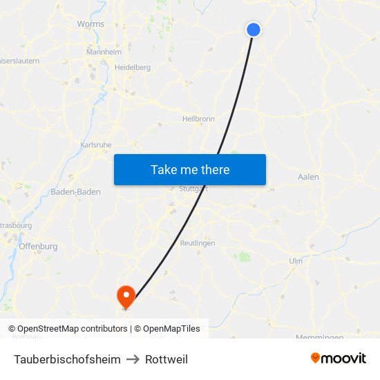 Tauberbischofsheim to Rottweil map