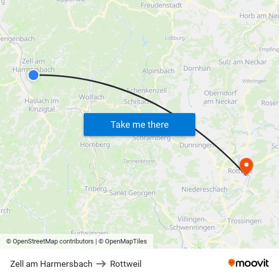 Zell am Harmersbach to Rottweil map