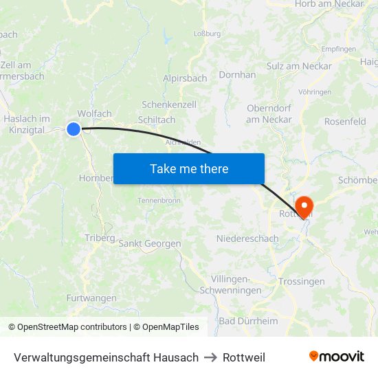 Verwaltungsgemeinschaft Hausach to Rottweil map