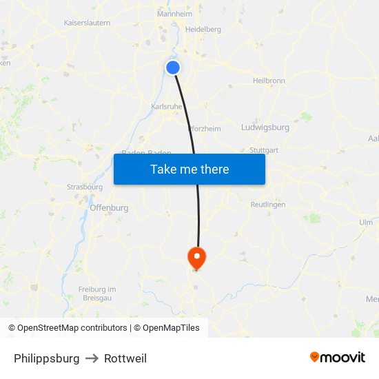 Philippsburg to Rottweil map