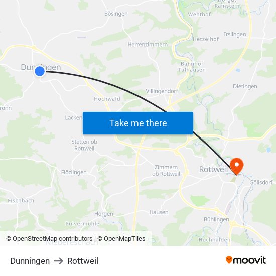 Dunningen to Rottweil map
